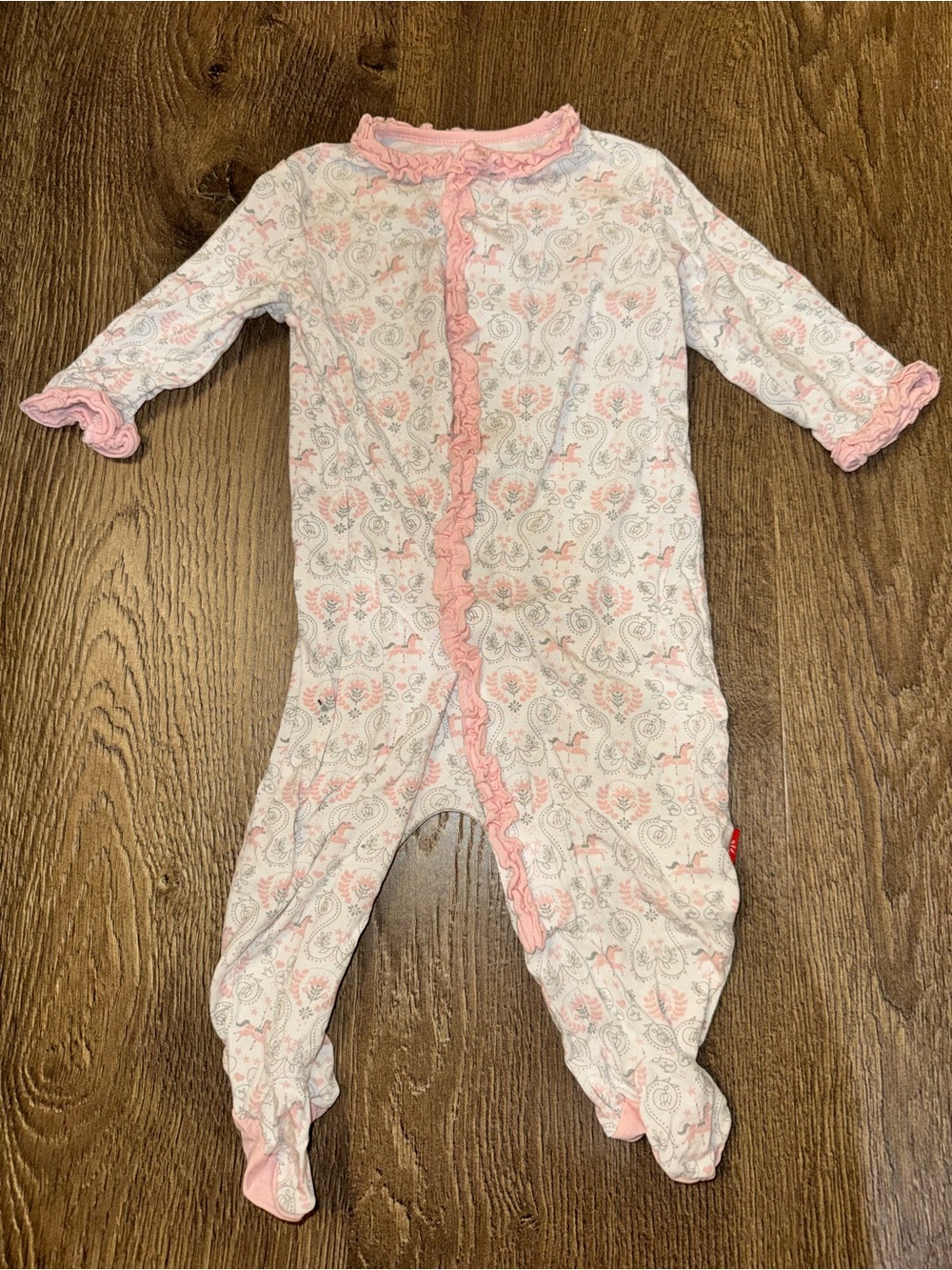 Magnetic Me Pink and White Carousel Ruffle-Trim Footed One-Piece 0-3 Months